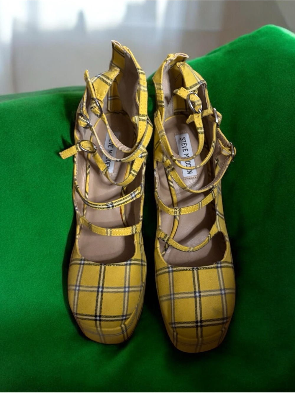Steve Madden Yellow Plaid Multi-Strap Mary Jane Heels